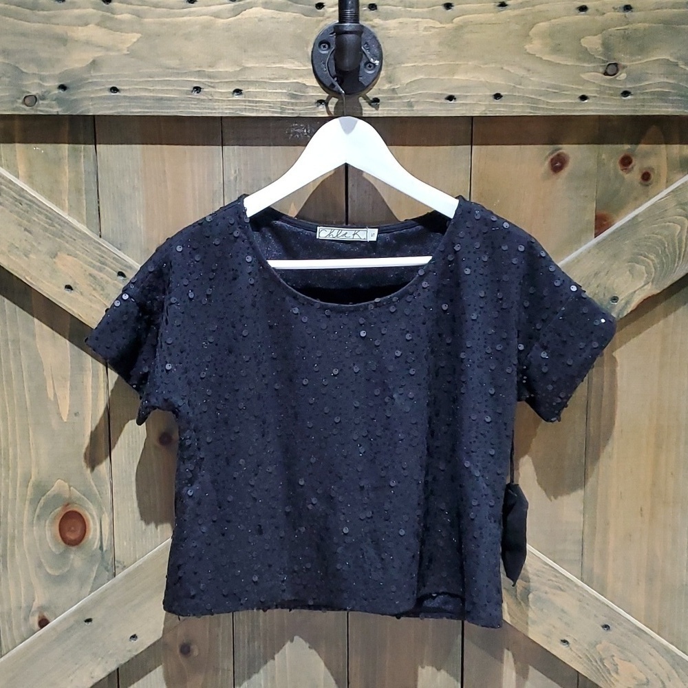 NEW BLACK CHLOE K SEQUINS CROPPED TOP SHORT SLEEVE BLOUSE SMALL